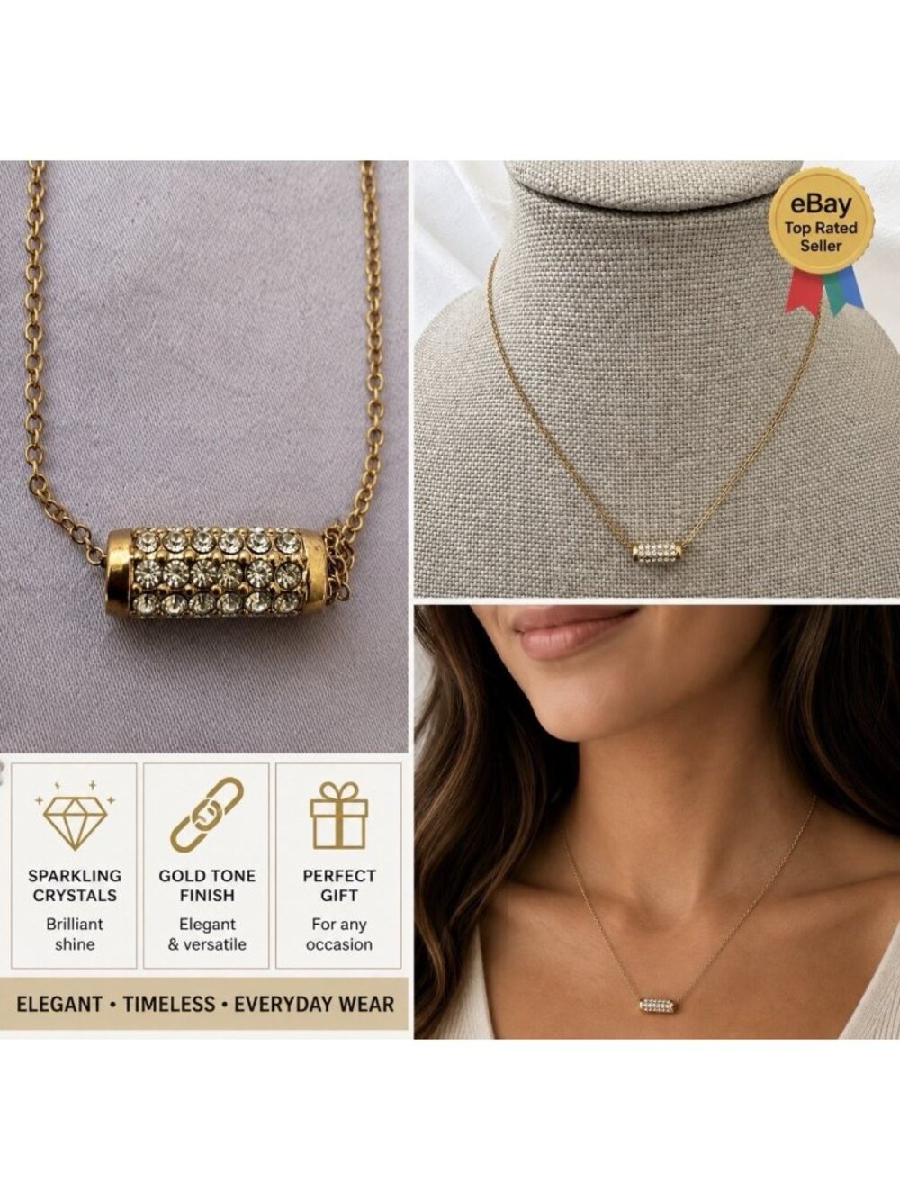 Apt 9 Gold Tone Necklace With Rhinestone Barrel Pendant With Extender 20" NIP